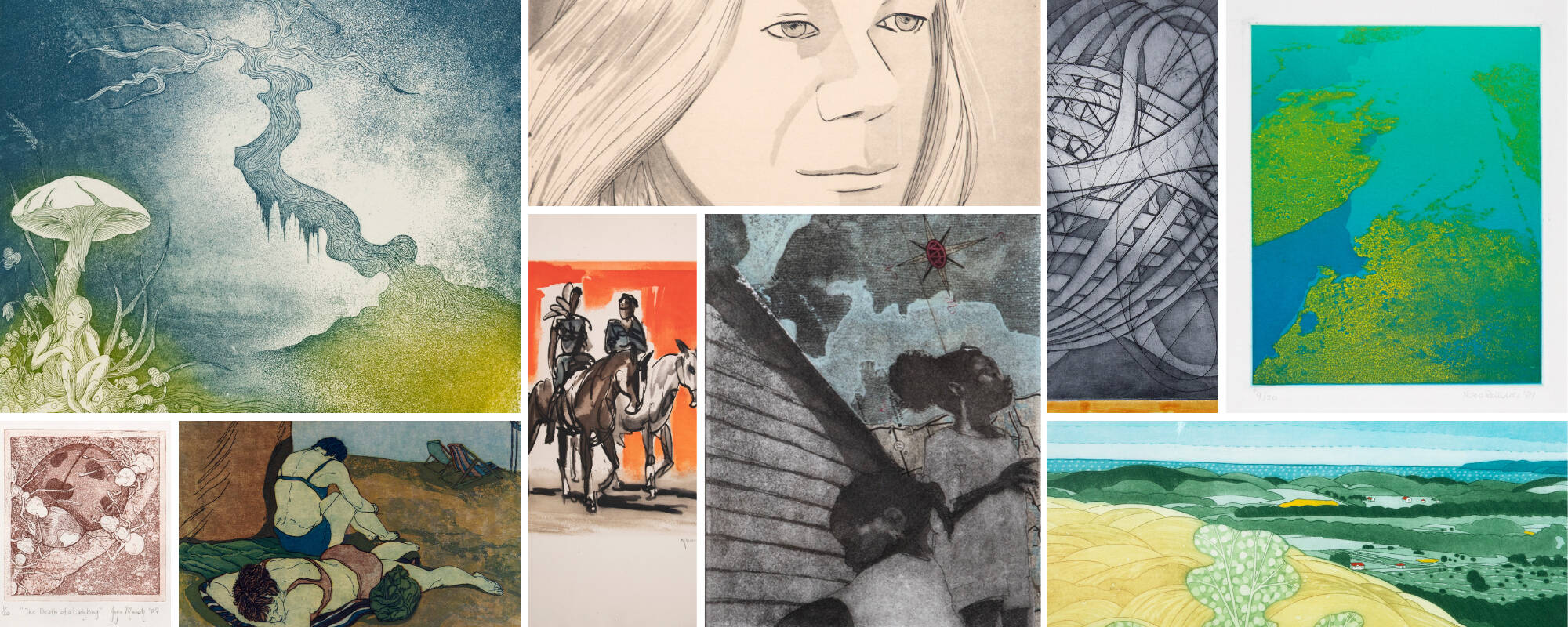 Collage of nine different images from the GVSU Art Museum Collection that showcase the printmaking technique of aquatint.
